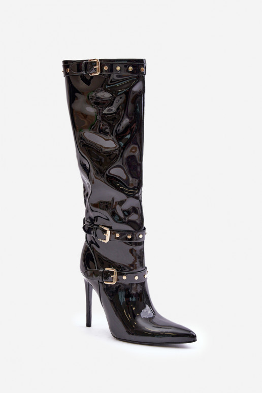 Lacquered ankle boots on stiletto heels with buckles black Emiraethe Lacquered ankle boots on stiletto heels with buckles black Emiraethe