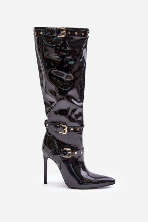 Lakierowane Kozaki Na SzpilcewithKlamrami Czarne Emiraethe