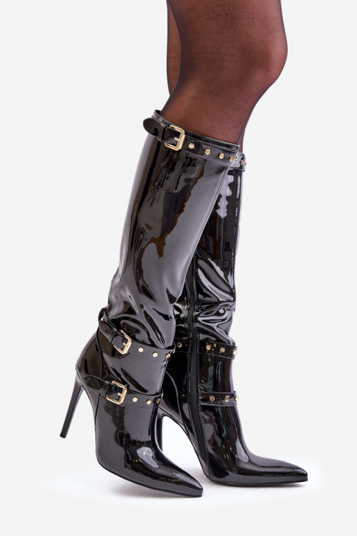 Lacquered ankle boots on stiletto heels with buckles black Emiraethe Lacquered ankle boots on stiletto heels with buckles black Emiraethe