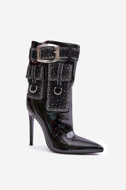 Embellished ankle boots made of patent eco leather on stiletto black Embellished ankle boots made of patent eco leather on stiletto black