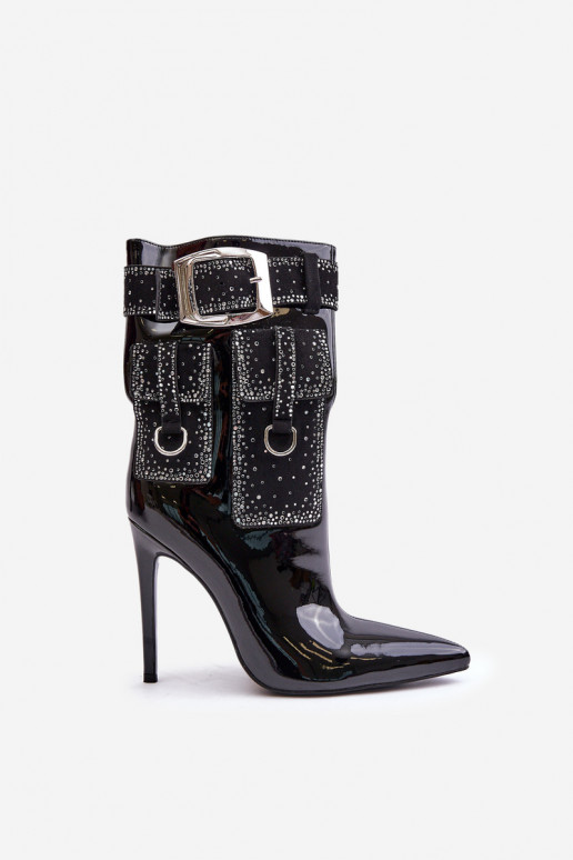 Embellished ankle boots made of patent eco leather on stiletto black Embellished ankle boots made of patent eco leather on stiletto black