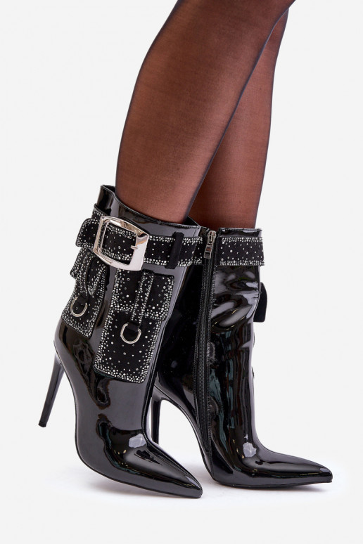 Embellished ankle boots made of patent eco leather on stiletto black Embellished ankle boots made of patent eco leather on stiletto black