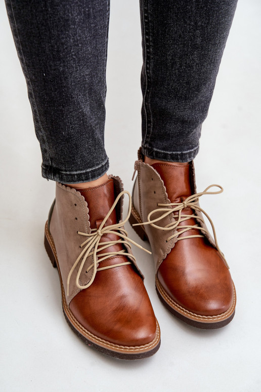 Leather Ankle Boots On A Flat Heel Brown Zazoo 4078
