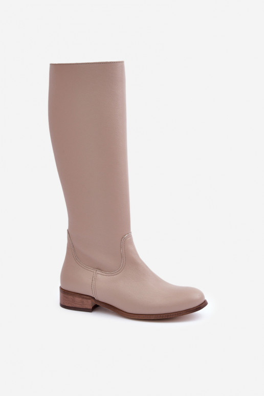 Leather Knee High Boots For Women With Zip Zazoo 3616 Light Beige Leather Knee High Boots For Women With Zip Zazoo 3616 Light Beige