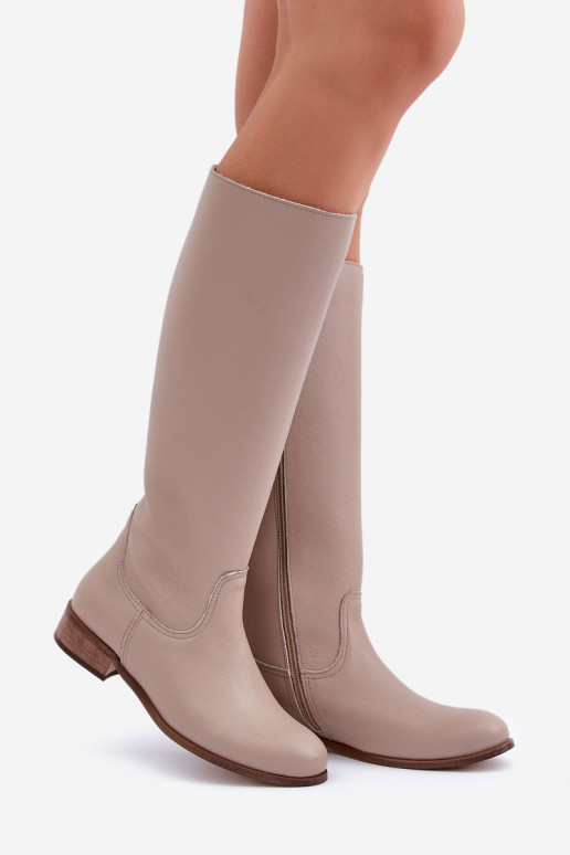 Leather Knee High Boots For Women With Zip Zazoo 3616 Light Beige Leather Knee High Boots For Women With Zip Zazoo 3616 Light Beige