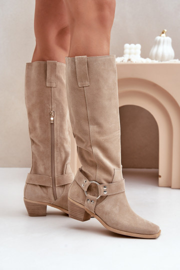 Suede Boots With Low Heel With Shaft Below Knee Light Beige Zazoo 3444/O 2