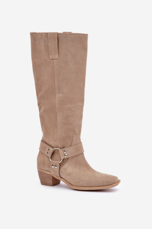 Suede Boots With Low Heel With Shaft Below Knee Light Beige Zazoo 3444/O Suede Boots With Low Heel With Shaft Below Knee Light Beige Zazoo 3444/O