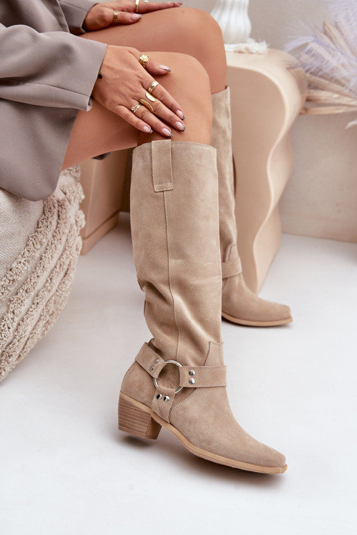 Suede Boots With Low Heel With Shaft Below Knee Light Beige Zazoo 3444/O Suede Boots With Low Heel With Shaft Below Knee Light Beige Zazoo 3444/O