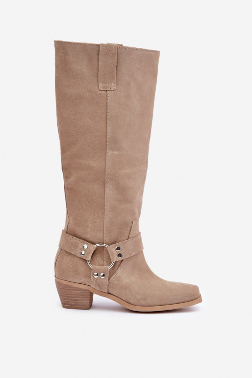 Suede Boots With Low Heel With Shaft Below Knee Light Beige Zazoo 3444/O Suede Boots With Low Heel With Shaft Below Knee Light Beige Zazoo 3444/O