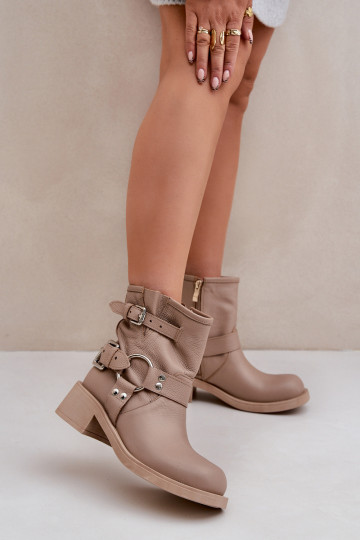 Leather Women's Ankle Boots On Low Block Heel With Straps Zazoo 3644 Beige 2