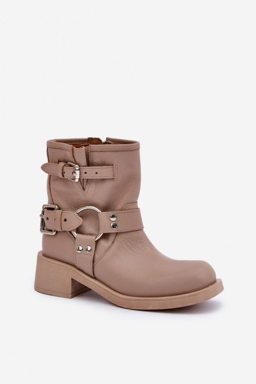 Leather Women's Ankle Boots On Low Block Heel With Straps Zazoo 3644 Beige Leather Women's Ankle Boots On Low Block Heel With Straps Zazoo 3644 Beige