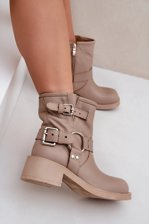 Leather Women's Ankle Boots On Low Block Heel With Straps Zazoo 3644 Beige Leather Women's Ankle Boots On Low Block Heel With Straps Zazoo 3644 Beige
