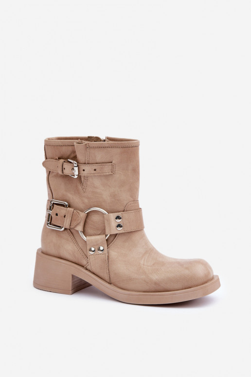 Leather Women's Ankle Boots On Low Block Heel With Straps Zazoo 3644 Beige Leather Women's Ankle Boots On Low Block Heel With Straps Zazoo 3644 Beige