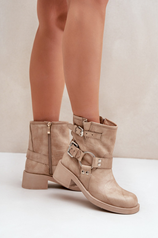 Leather Women's Ankle Boots On Low Block Heel With Straps Zazoo 3644 Beige Leather Women's Ankle Boots On Low Block Heel With Straps Zazoo 3644 Beige