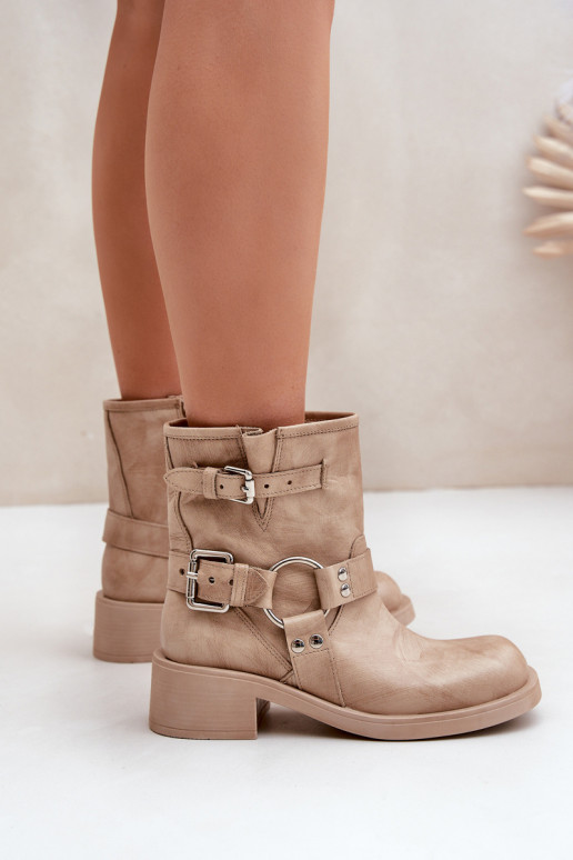 Leather Women's Ankle Boots On Low Block Heel With Straps Zazoo 3644 Beige Leather Women's Ankle Boots On Low Block Heel With Straps Zazoo 3644 Beige