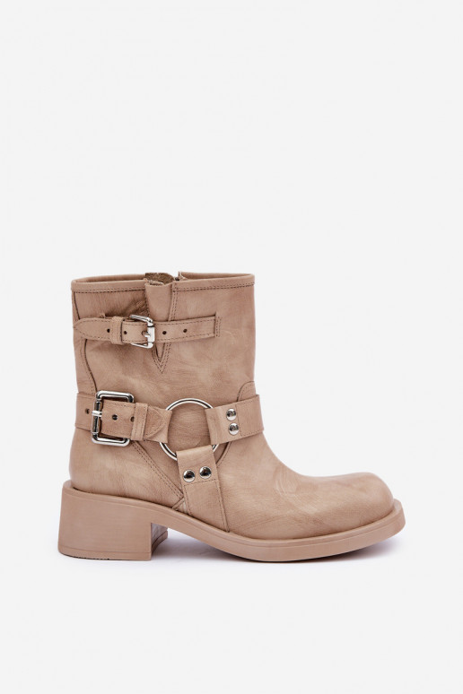 Leather Women's Ankle Boots On Low Block Heel With Straps Zazoo 3644 Beige Leather Women's Ankle Boots On Low Block Heel With Straps Zazoo 3644 Beige