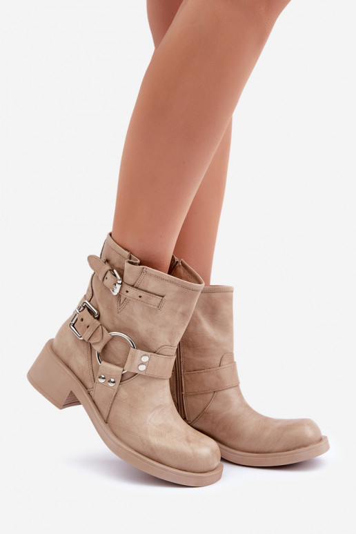 Leather Women's Ankle Boots On Low Block Heel With Straps Zazoo 3644 Beige Leather Women's Ankle Boots On Low Block Heel With Straps Zazoo 3644 Beige