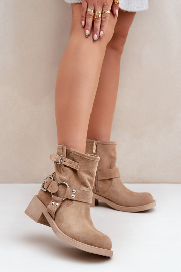 Women's Suede Ankle Boots On Low Block Heel With Straps Zazoo 3644 Beige 2