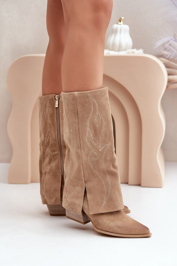 Suede Knee High Boots With Turned Shaft On Heel Beige Zazoo 3487 2