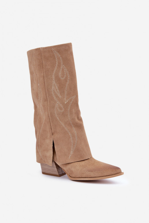 Suede Knee High Boots With Turned Shaft On Heel Beige Zazoo 3487 Suede Knee High Boots With Turned Shaft On Heel Beige Zazoo 3487