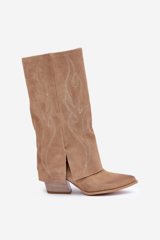 Suede Knee High Boots With Turned Shaft On Heel Beige Zazoo 3487 Suede Knee High Boots With Turned Shaft On Heel Beige Zazoo 3487