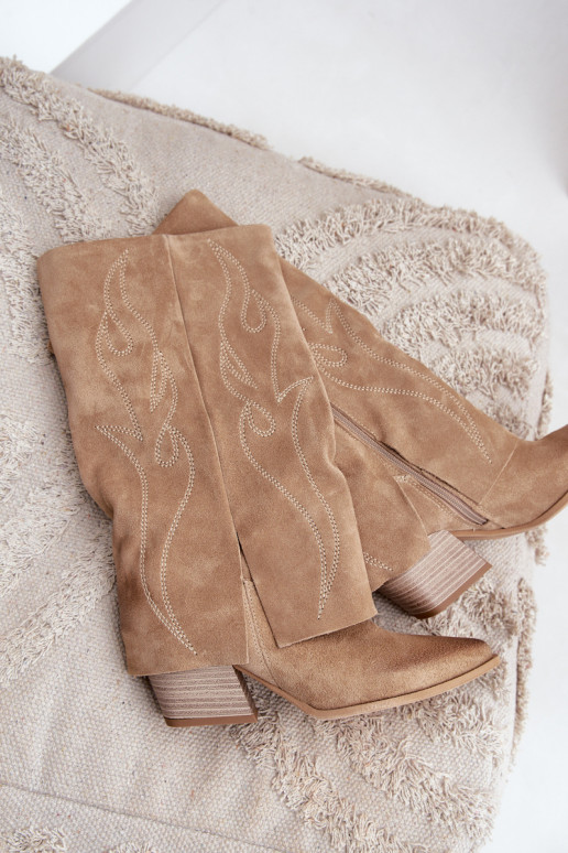 Suede Knee High Boots With Turned Shaft On Heel Beige Zazoo 3487 Suede Knee High Boots With Turned Shaft On Heel Beige Zazoo 3487