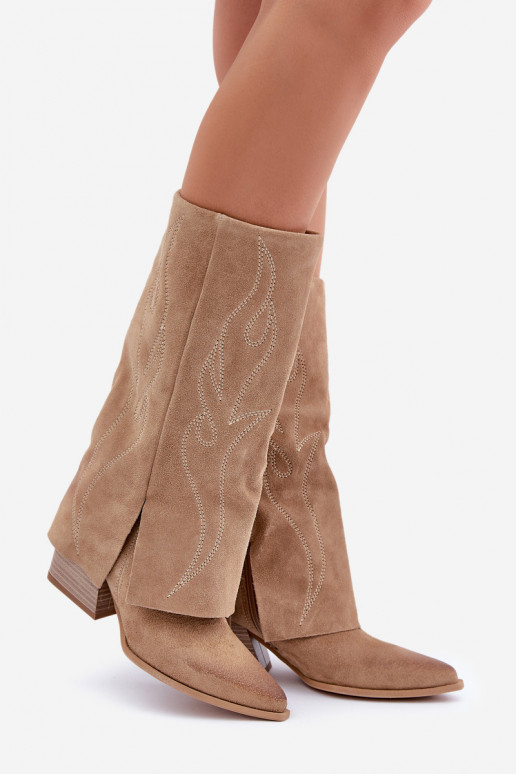 Suede Knee High Boots With Turned Shaft On Heel Beige Zazoo 3487 Suede Knee High Boots With Turned Shaft On Heel Beige Zazoo 3487