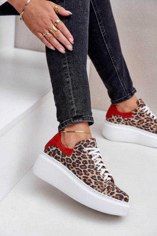 Leather Platform Sneakers With Leopard Print Zazoo 3346 Brown-Red Leather Platform Sneakers With Leopard Print Zazoo 3346 Brown-Red