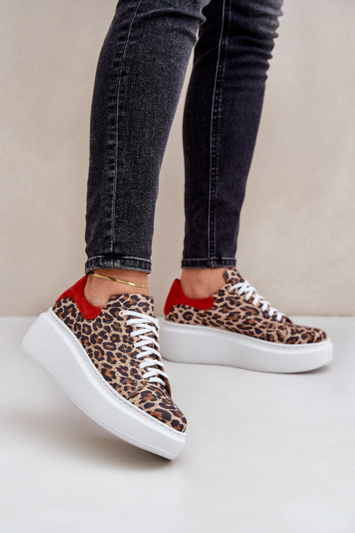 Leather Platform Sneakers With Leopard Print Zazoo 3346 Brown-Red Leather Platform Sneakers With Leopard Print Zazoo 3346 Brown-Red