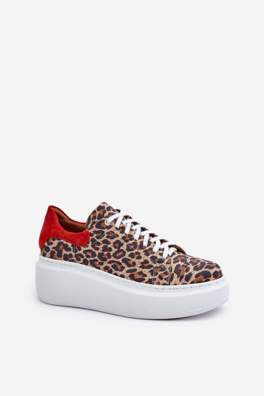 Leather Platform Sneakers With Leopard Print Zazoo 3346 Brown-Red Leather Platform Sneakers With Leopard Print Zazoo 3346 Brown-Red