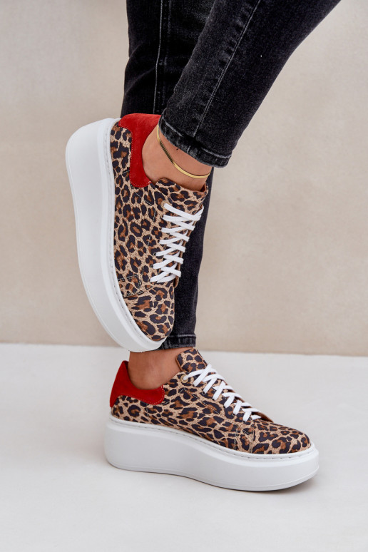 Leather Platform Sneakers With Leopard Print Zazoo 3346 Brown-Red Leather Platform Sneakers With Leopard Print Zazoo 3346 Brown-Red