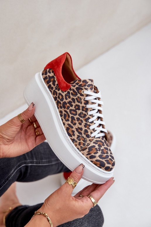 Leather Platform Sneakers With Leopard Print Zazoo 3346 Brown-Red Leather Platform Sneakers With Leopard Print Zazoo 3346 Brown-Red