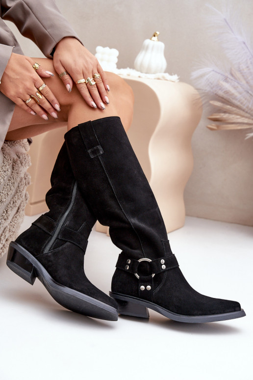 Zamszowe Kozaki Kowbojki Na Niskim ObcasiewithOzdobą Zazoo 3656 Czarne