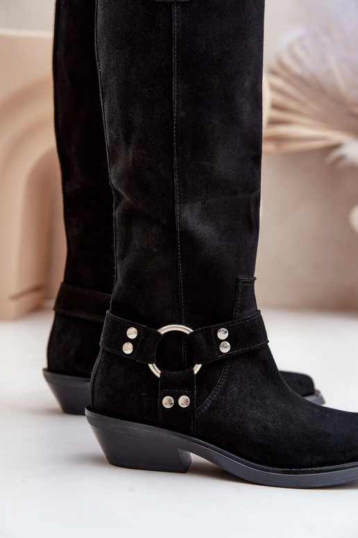 Zamszowe Kozaki Kowbojki Na Niskim ObcasiewithOzdobą Zazoo 3656 Czarne