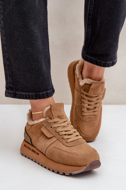 Zamszowe Sneakersy DamskiewithFuterkiem I Błyszczącym Elementem Big Star OO274578 Hi-Poly System Camel