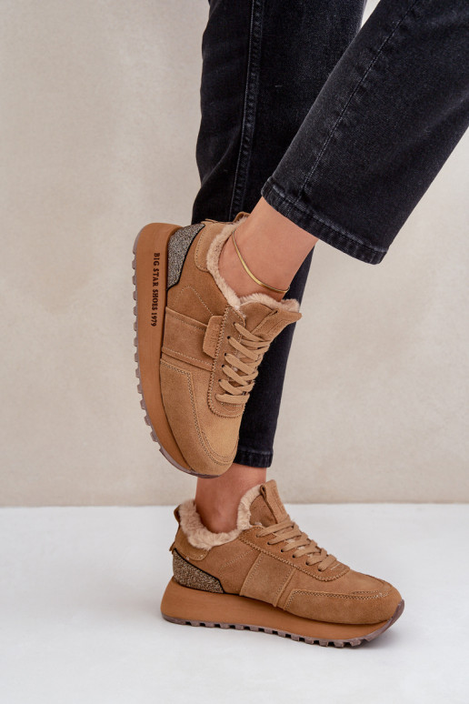Zamszowe Sneakersy DamskiewithFuterkiem I Błyszczącym Elementem Big Star OO274578 Hi-Poly System Camel