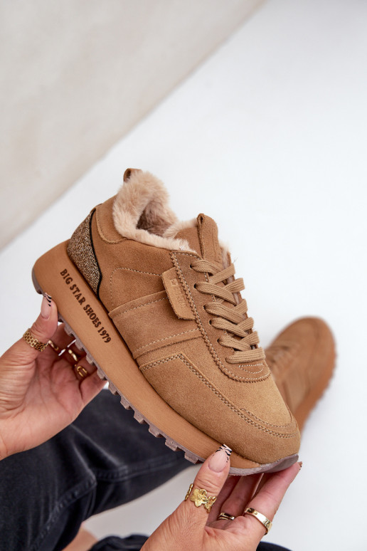 Zamszowe Sneakersy DamskiewithFuterkiem I Błyszczącym Elementem Big Star OO274578 Hi-Poly System Camel