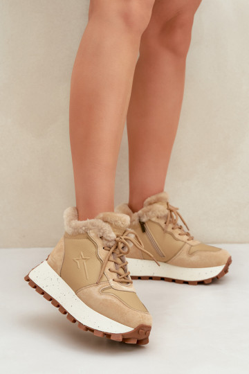 Leather Sneakers Ankle Boots For Women With Fur On Platform Big Star OO274A330 Beige 2
