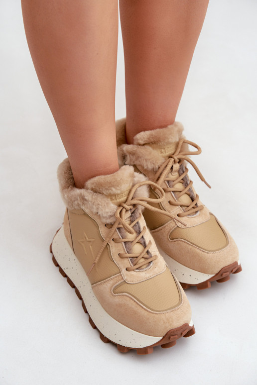 Skórzane Sneakersy Trapery DamskiewithFuterkiem Na Platformie Big Star OO274A330 Beżowe