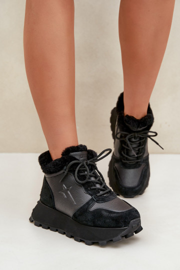Leather Sneakers Ankle Boots Women With Fur On Platform Big Star OO274A329 Black 2