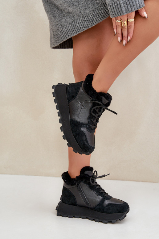 Skórzane Sneakersy Trapery DamskiewithFuterkiem Na Platformie Big Star OO274A329 Czarne