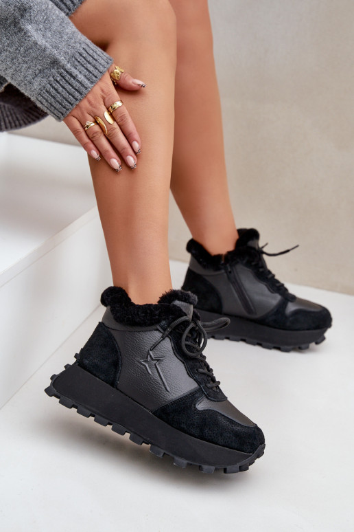 Leather Sneakers Ankle Boots Women With Fur On Platform Big Star OO274A329 Black Leather Sneakers Ankle Boots Women With Fur On Platform Big Star OO274A329 Black
