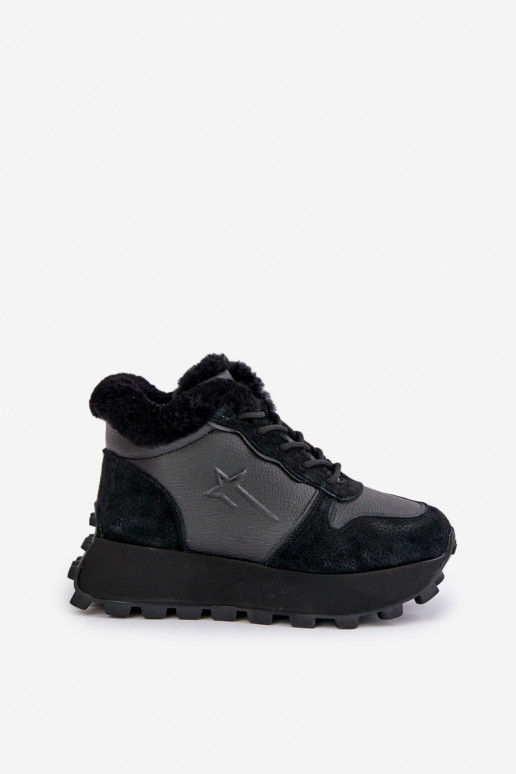 Skórzane Sneakersy Trapery DamskiewithFuterkiem Na Platformie Big Star OO274A329 Czarne