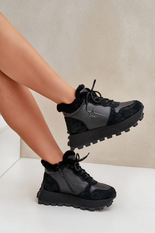 Skórzane Sneakersy Trapery DamskiewithFuterkiem Na Platformie Big Star OO274A329 Czarne
