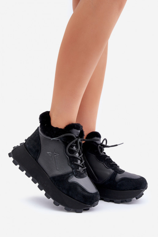 Leather Sneakers Ankle Boots Women With Fur On Platform Big Star OO274A329 Black Leather Sneakers Ankle Boots Women With Fur On Platform Big Star OO274A329 Black