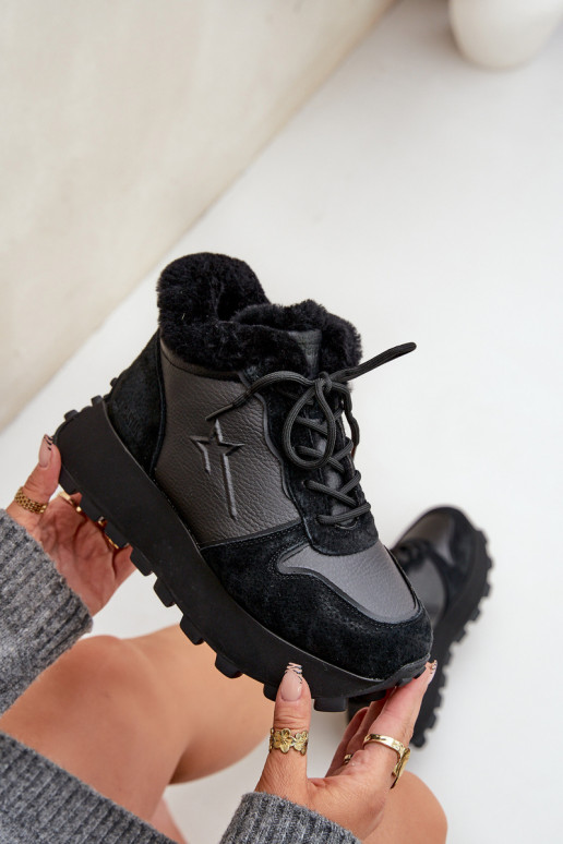 Leather Sneakers Ankle Boots Women With Fur On Platform Big Star OO274A329 Black Leather Sneakers Ankle Boots Women With Fur On Platform Big Star OO274A329 Black