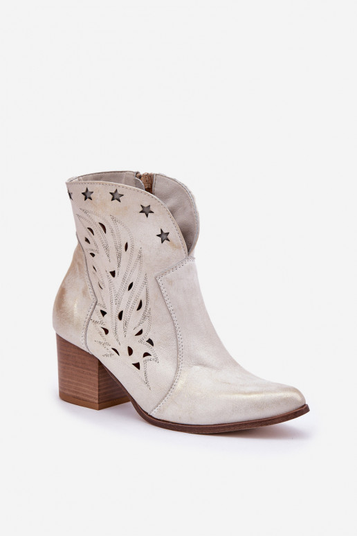 Perforated Leather Cowboy Ankle Boots On Heels Distressed Gold Lewski 3613 Perforated Leather Cowboy Ankle Boots On Heels Distressed Gold Lewski 3613