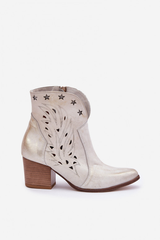 Perforated Leather Cowboy Ankle Boots On Heels Distressed Gold Lewski 3613 Perforated Leather Cowboy Ankle Boots On Heels Distressed Gold Lewski 3613