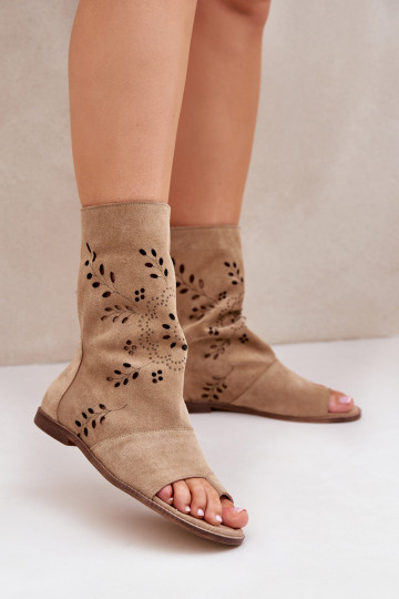 Zazoo 3437 Women's Suede Sandals With Zipper Beige