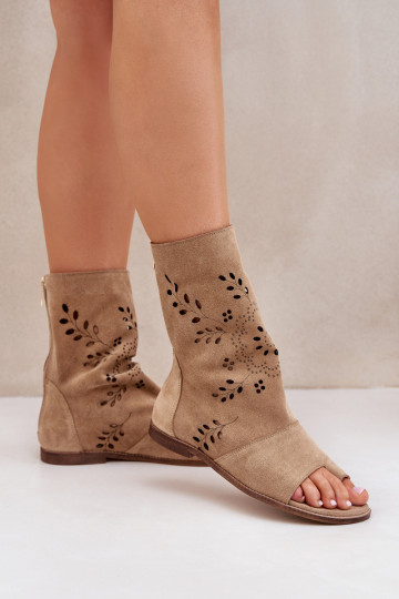 Zazoo 3437 Women's Suede Sandals With Zipper Beige 2